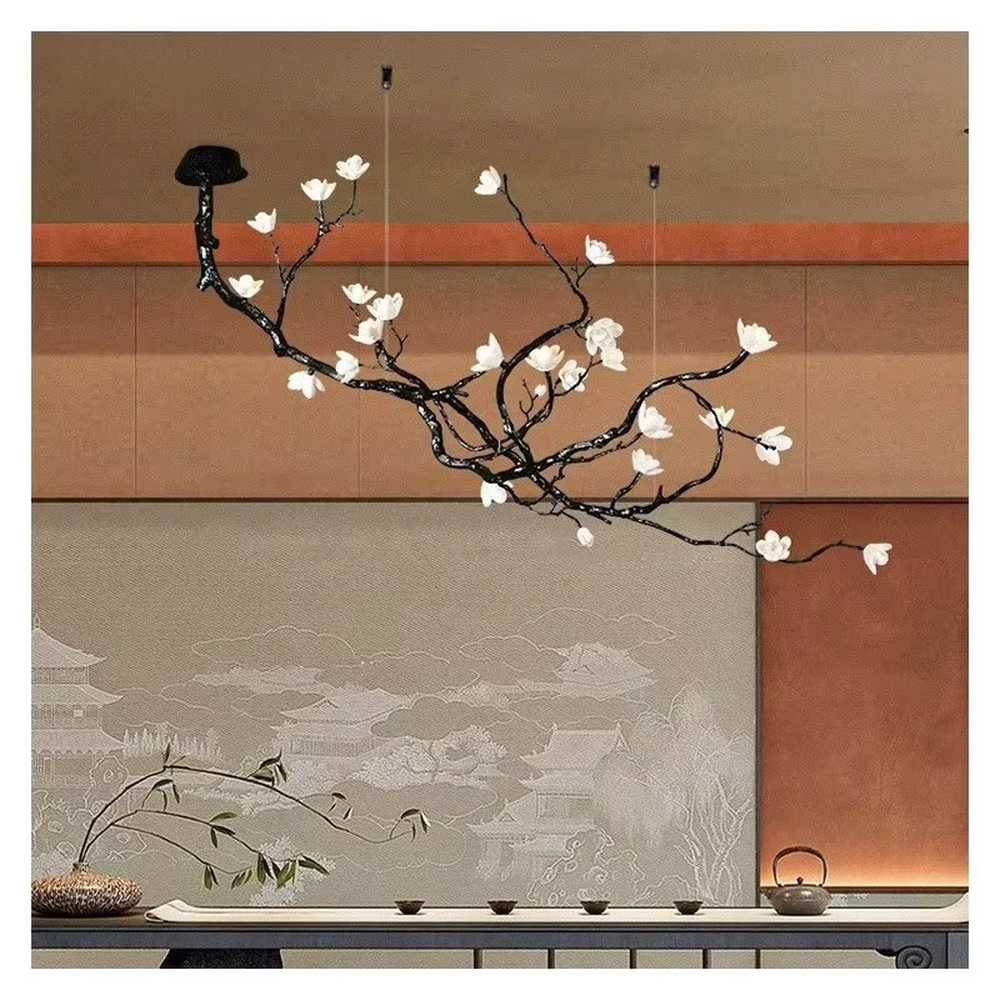 This is a natural artistic flower branch chandelier, with metal branches and white flower shapes, featuring a strong natural artistic sense and elegant fresh style. It is used for space lighting and decoration, creating a natural artistic atmosphere. It is suitable for new Chinese-style home restaurants, homestay leisure areas, artistic-style living rooms and other places.
