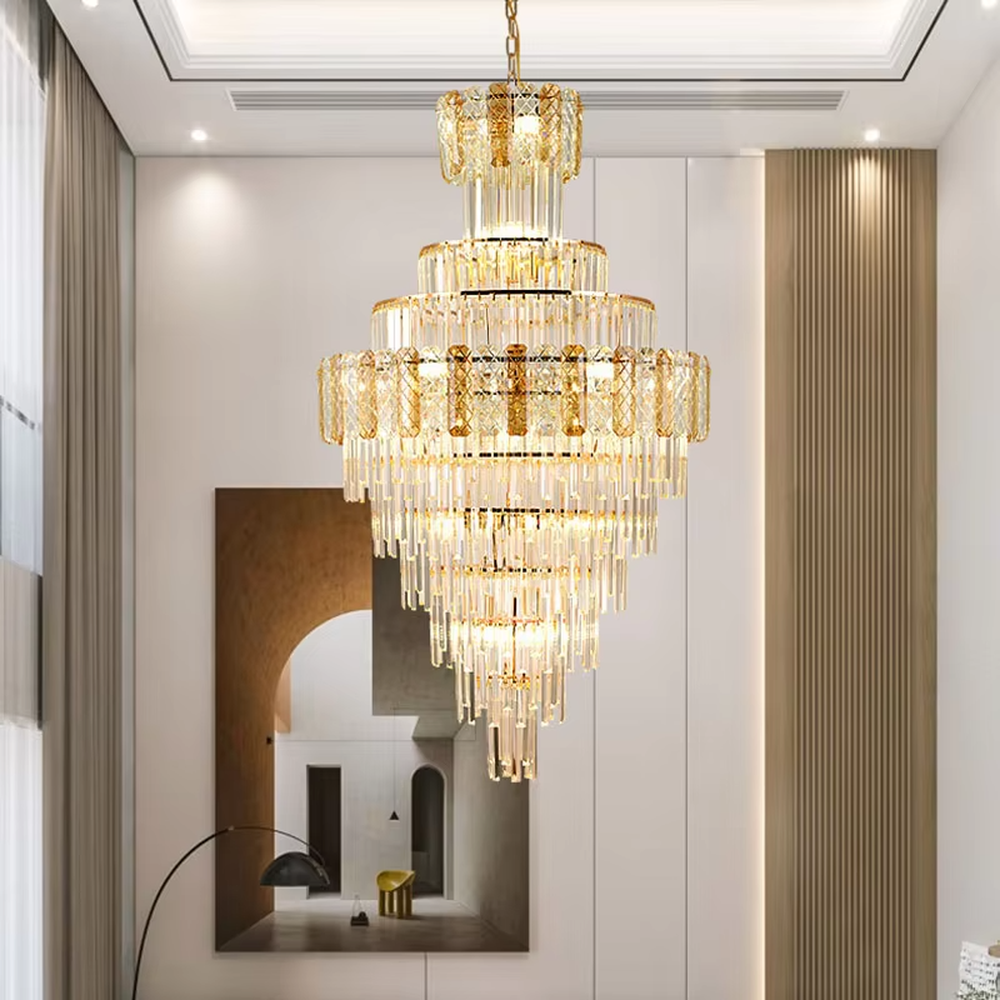 Luxurious multi-layer crystal tower chandelier, golden frame paired with transparent crystals and textured decorative blocks, brilliant and gorgeous lighting, creating a high-end luxurious atmosphere.