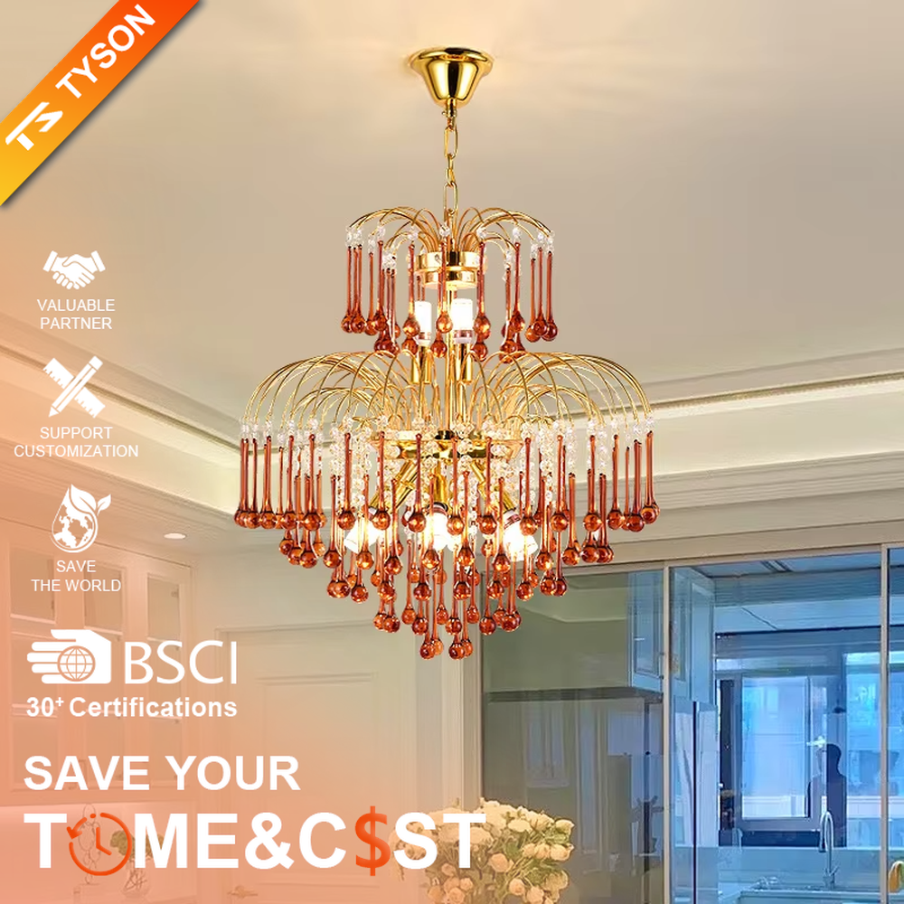 This is a luxurious classical golden multi-layer crystal chandelier, with a golden metal frame paired with numerous transparent crystal pendants. It features a magnificent and grand design, with brilliant lighting. It is used for space lighting and decoration, creating a luxurious and noble atmosphere. Suitable for luxury living rooms, high-end hotel lobbies, villa banquet halls and other places.
