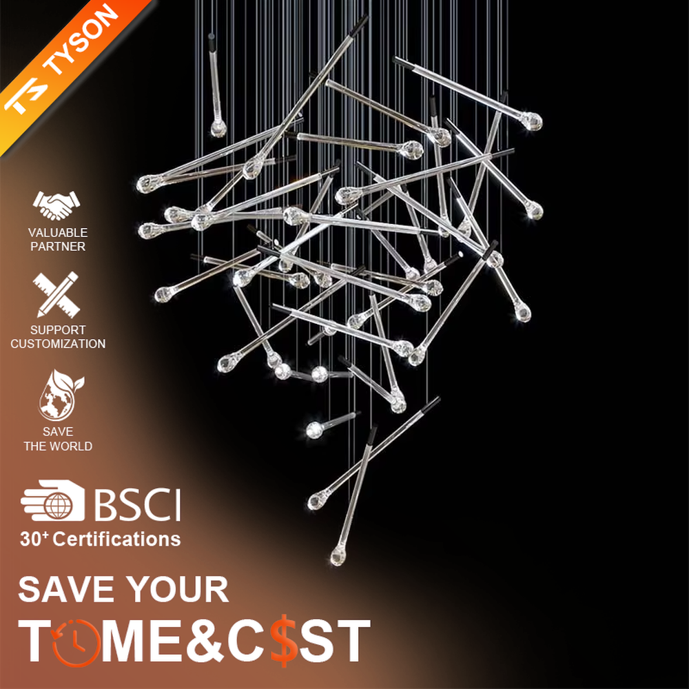 This is a modern artistic transparent crystal rod staggered hanging chandelier, with silver metal slender rods paired with crystal ends, multiple rods staggered and hung. When the lights are on, it is brilliant and dreamy, creating a highly artistic space atmosphere.