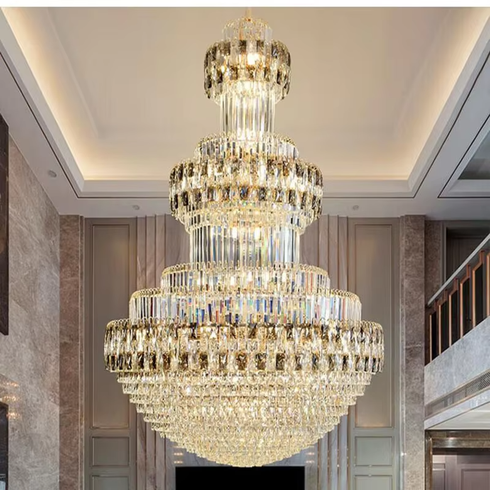 Luxurious multi-layer crystal tower chandelier, golden metal frame paired with transparent crystals, layered increasing shape, brilliant and gorgeous lighting, creating a high-end luxurious space atmosphere.