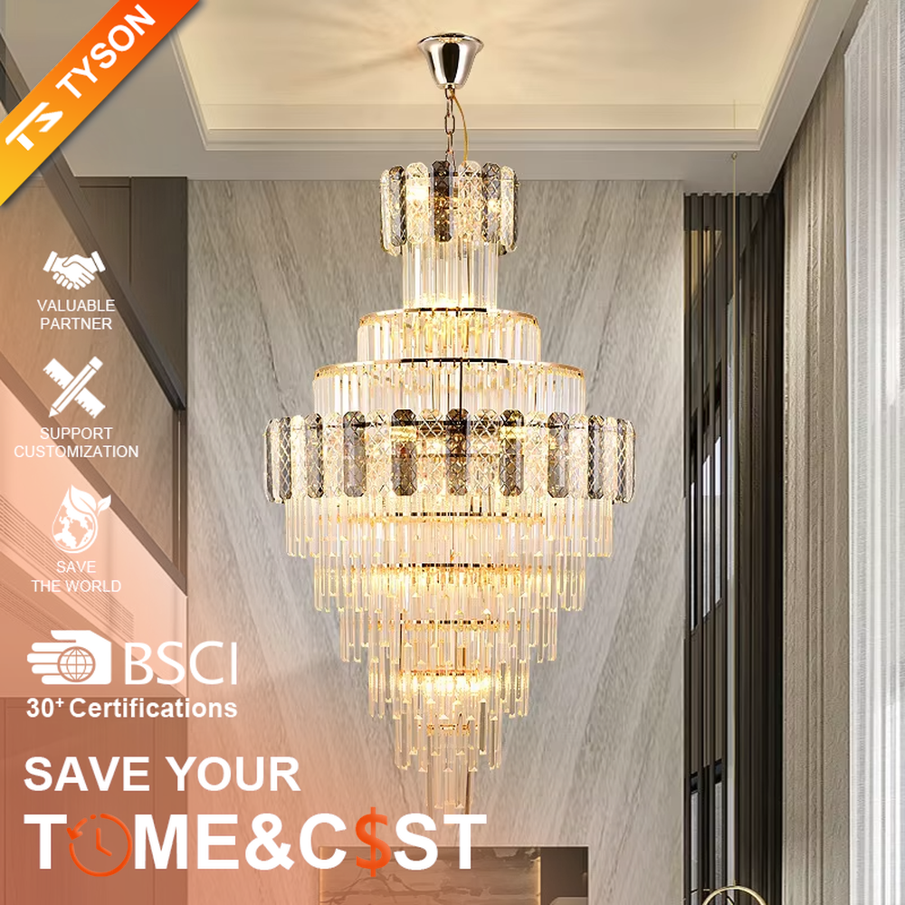 Luxurious multi-layer crystal tower chandelier, golden frame paired with transparent crystals, layered shape with brilliant lighting, creating a high-end luxurious atmosphere.