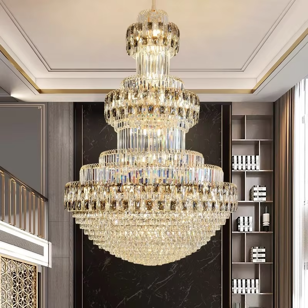 Luxurious multi-layer crystal tower chandelier, golden metal frame paired with transparent crystals, layered increasing shape, brilliant and gorgeous lighting, creating a high-end luxurious space atmosphere.