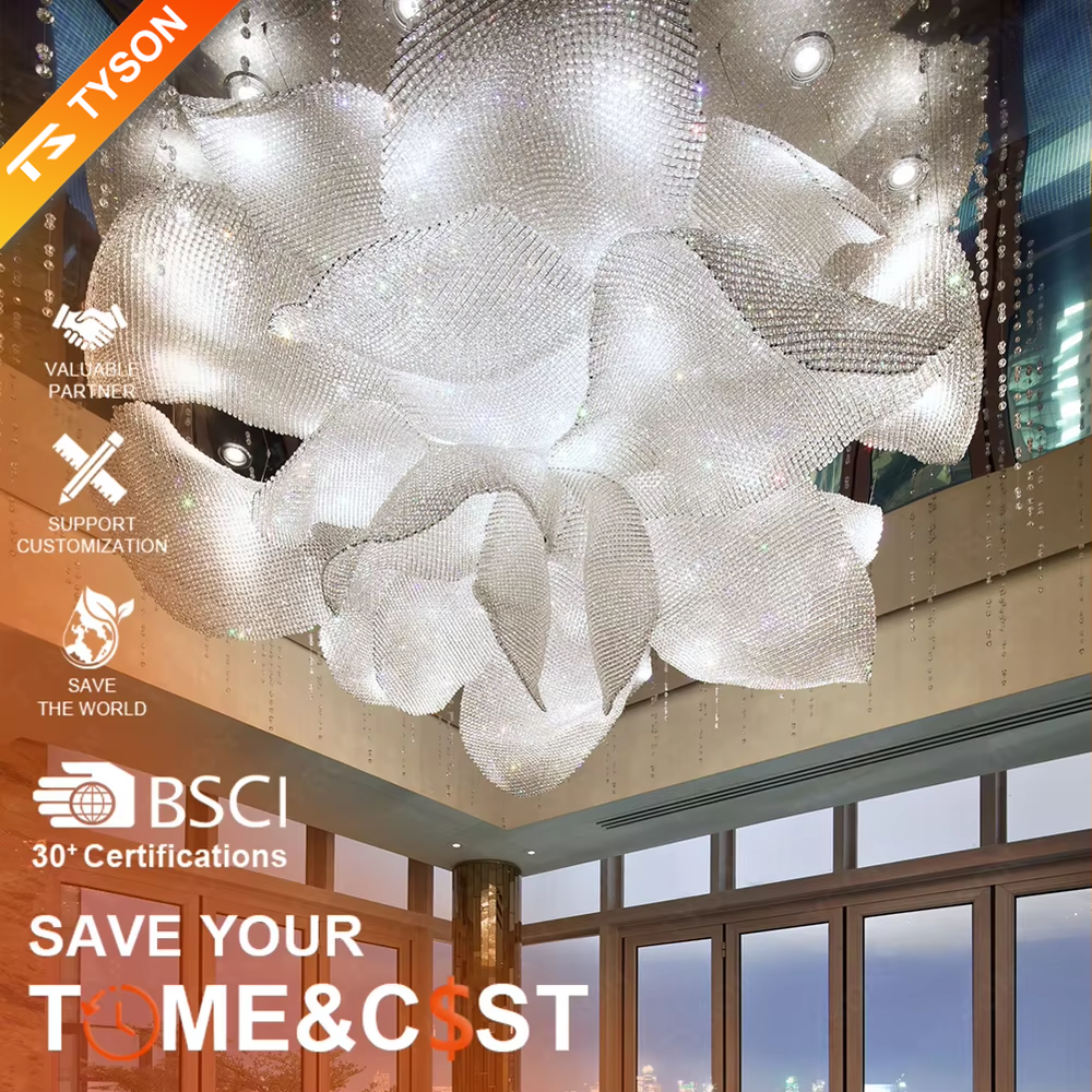 This is a luxurious artistic crystal petal-shaped chandelier, crafted with white crystals in a blooming flower shape. When lit, the light is brilliant and gorgeous, creating a high-end luxurious space atmosphere.