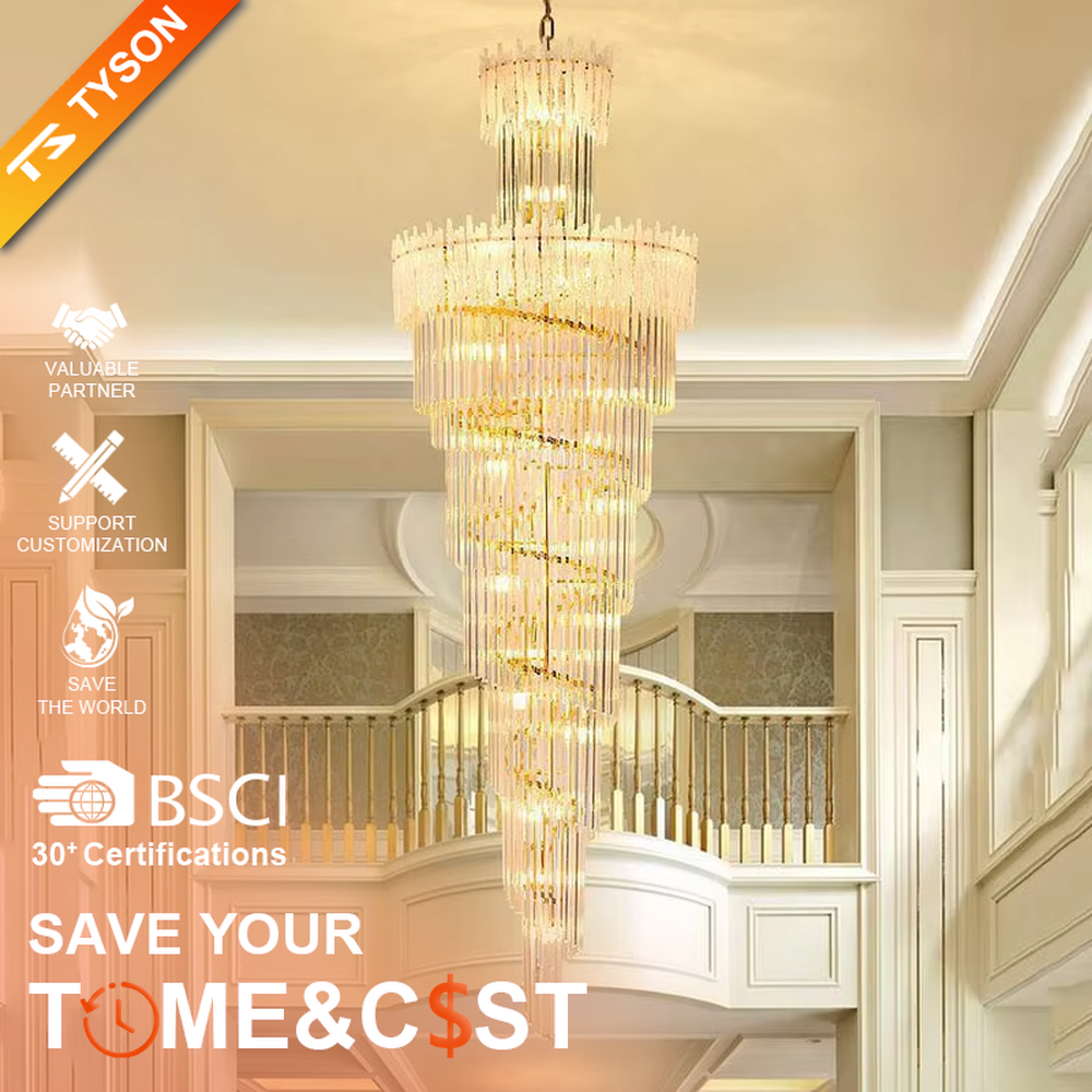 This is a modern luxurious large spiral crystal chandelier, with a golden metal frame paired with transparent crystal strips arranged in multiple spirals. It features a strong sense of spatial depth and artistry, with brilliant and grand lighting. It is used for space lighting and artistic decoration, creating a luxurious and high-end atmosphere. Suitable for high-ceiling lobbies of high-end hotels, double-height living rooms in luxury villas, large commercial clubs and other places.