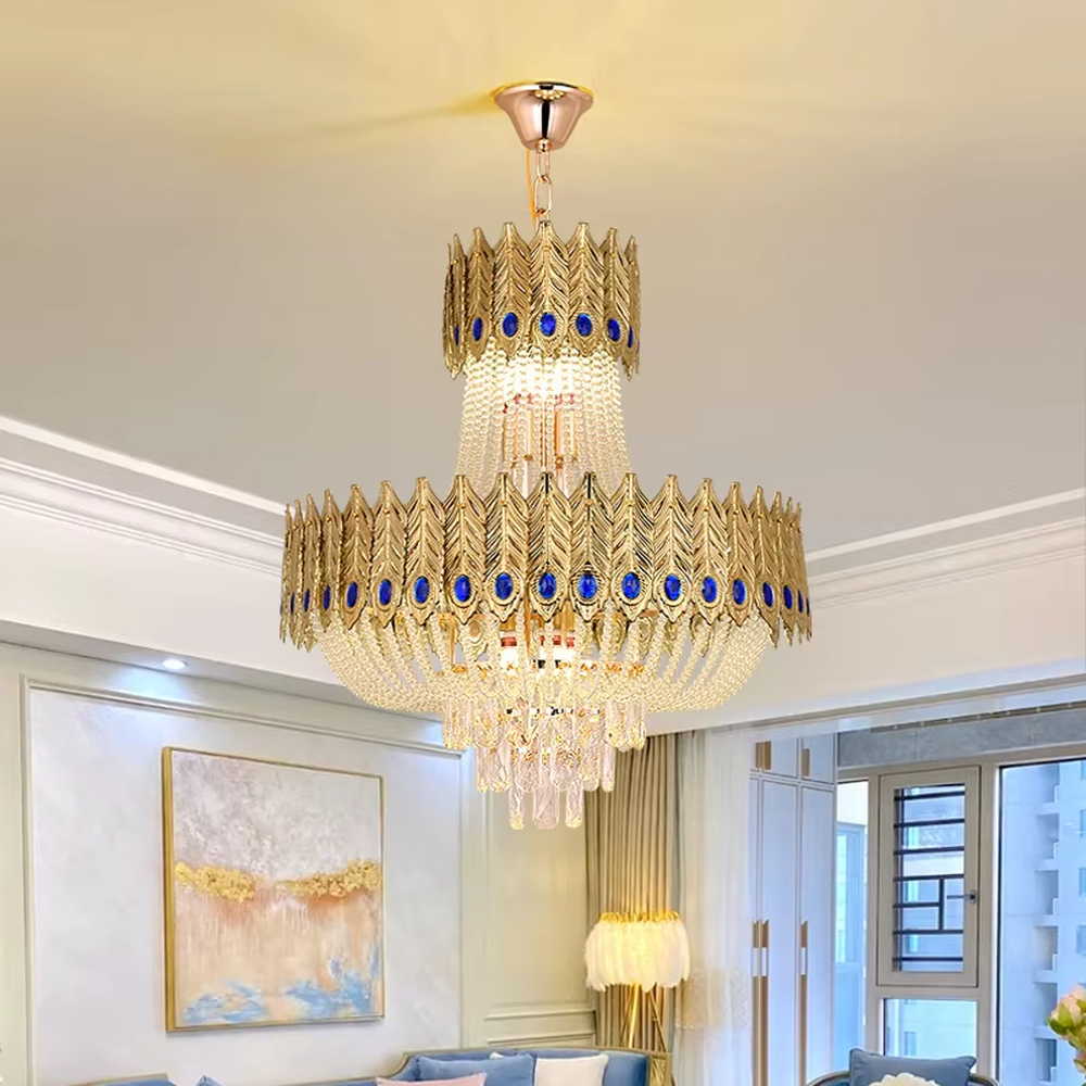 This is a luxurious palace-style double-layer feather gem crystal chandelier, with a golden feather-shaped frame inlaid with blue gem decorations, paired with transparent crystal pendants. The double-layer design is magnificent and grand, with brilliant and elegant lighting, creating a noble and luxurious atmosphere.