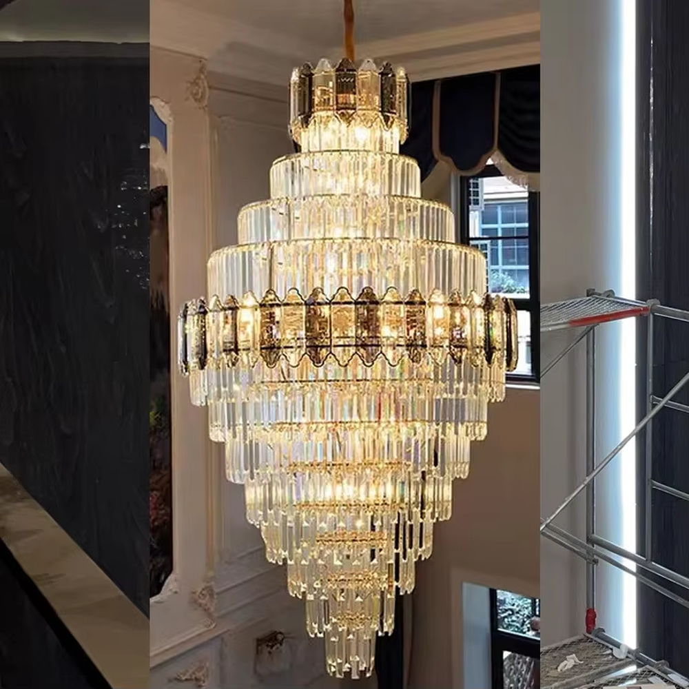 Luxurious multi-layer crystal tower chandelier, golden frame paired with transparent crystals, layered shape with brilliant lighting, creating a high-end luxurious atmosphere.