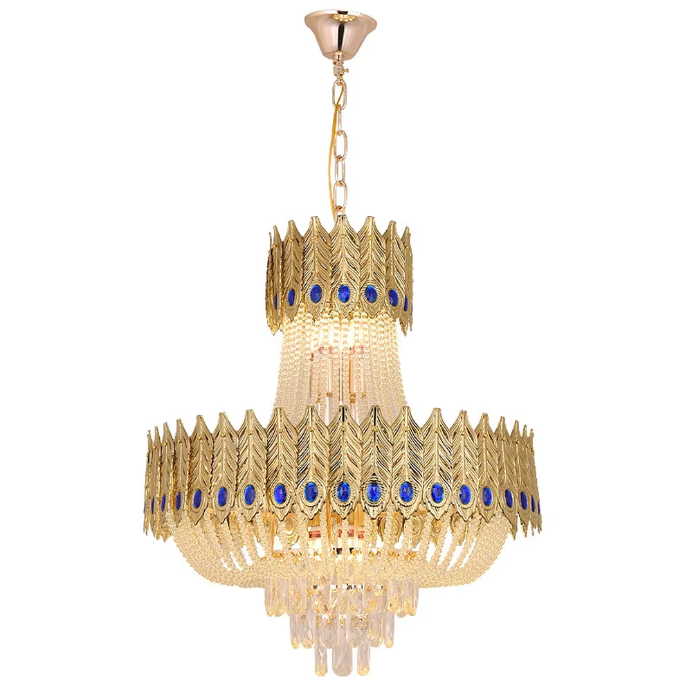 Light luxury double-layer golden leaf blue-decorated crystal chandelier, golden leaf shape + blue decorative blocks + crystal decorations, brilliant and gorgeous lighting, creating a high-end luxurious atmosphere.