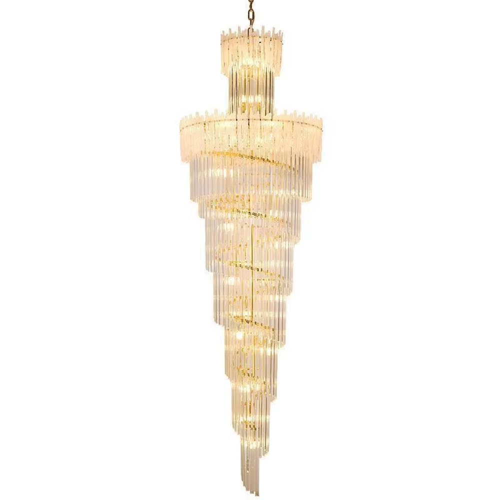 This is a modern luxurious large spiral crystal chandelier, with a golden metal frame paired with transparent crystal strips arranged in multiple spirals. It features a strong sense of spatial depth and artistry, with brilliant and grand lighting. It is used for space lighting and artistic decoration, creating a luxurious and high-end atmosphere. Suitable for high-ceiling lobbies of high-end hotels, double-height living rooms in luxury villas, large commercial clubs and other places.
