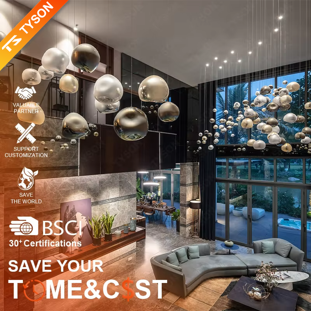 This is an artistic installation-style metal-textured glass sphere chandelier, with multiple irregular glass sphere lamps hanging in a scattered manner, featuring strong artistic sense, and the light reflects a unique visual effect. It is used for space lighting and artistic decoration, creating an artistic and modern atmosphere. Suitable for high-end hotel lobbies, art exhibition halls, modern art home living rooms and other places.