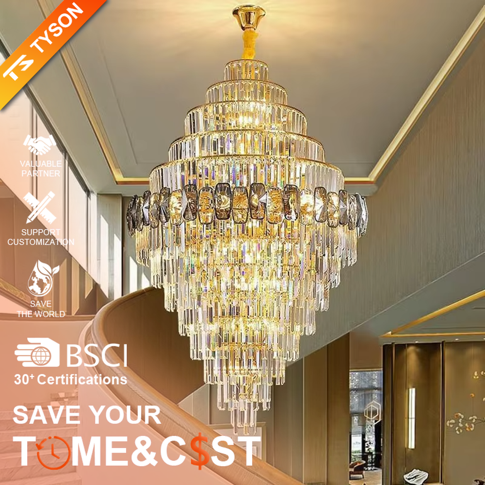 This is a luxurious multi-layer crystal tower chandelier, with a golden metal frame paired with transparent + gradient crystals (decorated with dark crystals), a layered tower shape. When lit, the light is brilliant and gorgeous, creating a high-end luxurious atmosphere.