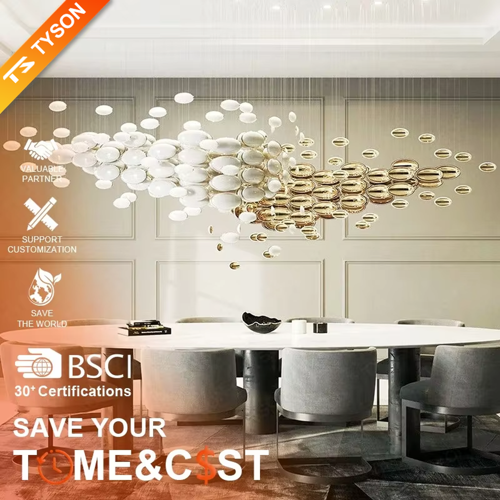 This is an artistic installation-style gold and white spiral glass piece chandelier, with numerous golden and white oval glass pieces hanging in a spiral and scattered manner, featuring strong artistic sense and visual impact, with brilliant light refraction. It is used for space lighting and artistic decoration, creating a luxurious artistic atmosphere. Suitable for high-end hotel lobbies, art exhibition halls, luxury shopping mall atriums and other places.