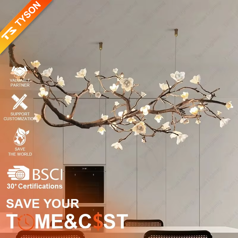 This is a natural artistic flower branch chandelier, with metal branches and white flower shapes, featuring a strong natural artistic sense and elegant fresh style. It is used for space lighting and decoration, creating a natural artistic atmosphere. It is suitable for new Chinese-style home restaurants, homestay leisure areas, artistic-style living rooms and other places.