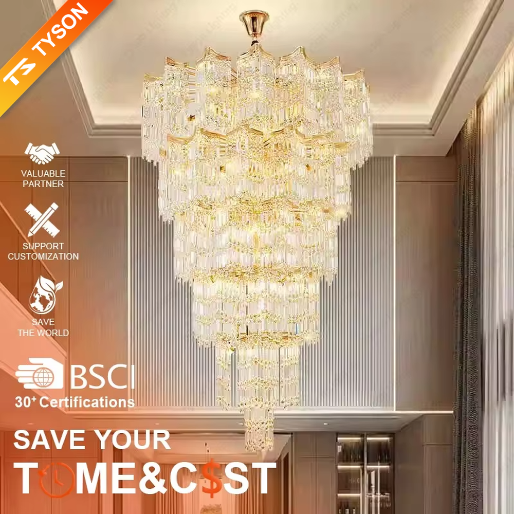 This is a luxury multi-layer conical crystal chandelier, with a golden metal frame and numerous transparent crystal pendants, featuring a magnificent and grand design with brilliant lighting and strong visual impact. It is used for space lighting and decoration, creating a high-end luxury atmosphere. It is suitable for duplex stairwells, high-ceilinged living rooms, high-end hotel lobbies, luxury villas and other places.