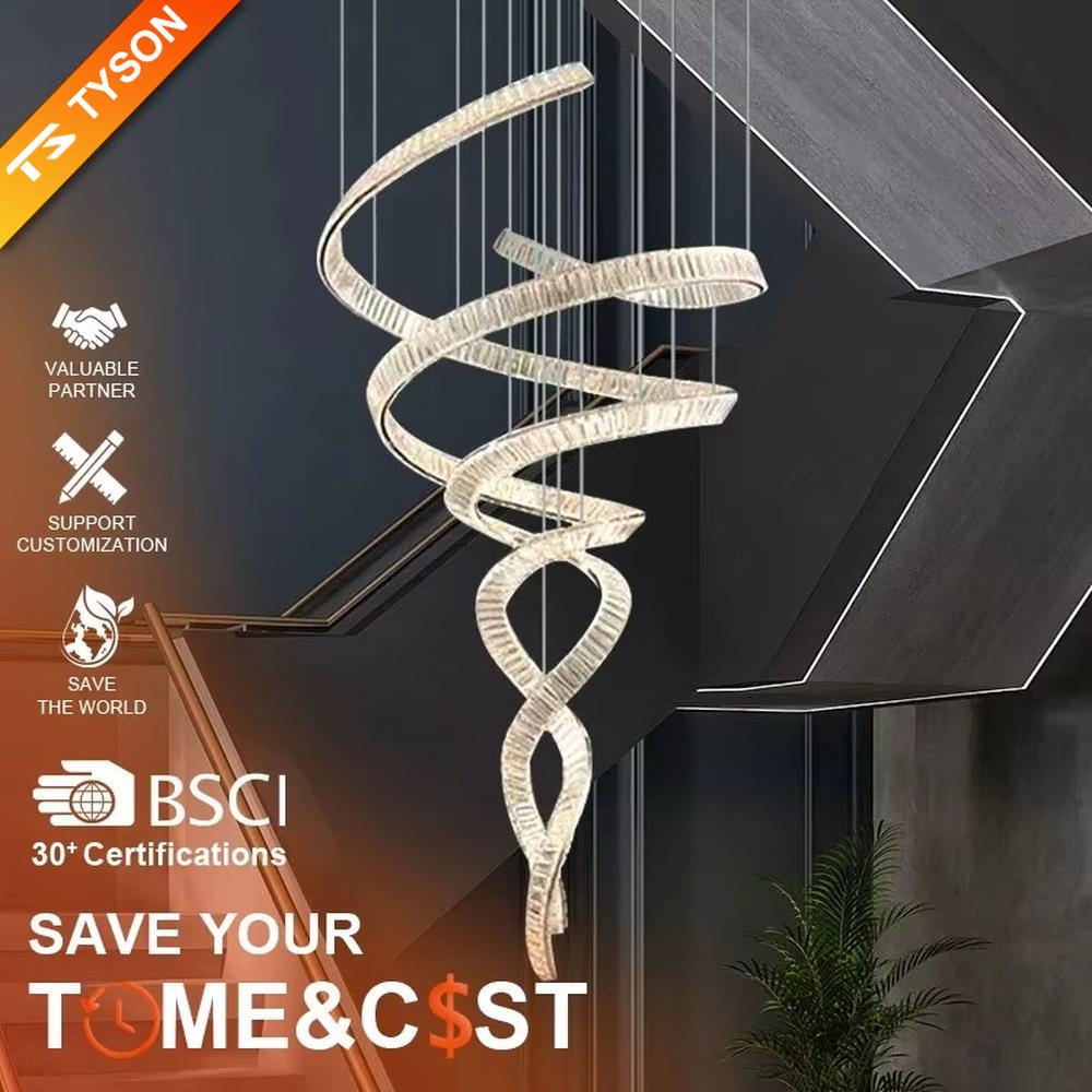 This is a luxury spiral crystal chandelier with winding crystal light strips, featuring a modern and artistic design with high-end luxury ambiance. It is used for space lighting and decoration, creating a stunning visual focus and opulent atmosphere. It is suitable for villa double-height living rooms, high-end hotel lobbies, art exhibition halls and other places.