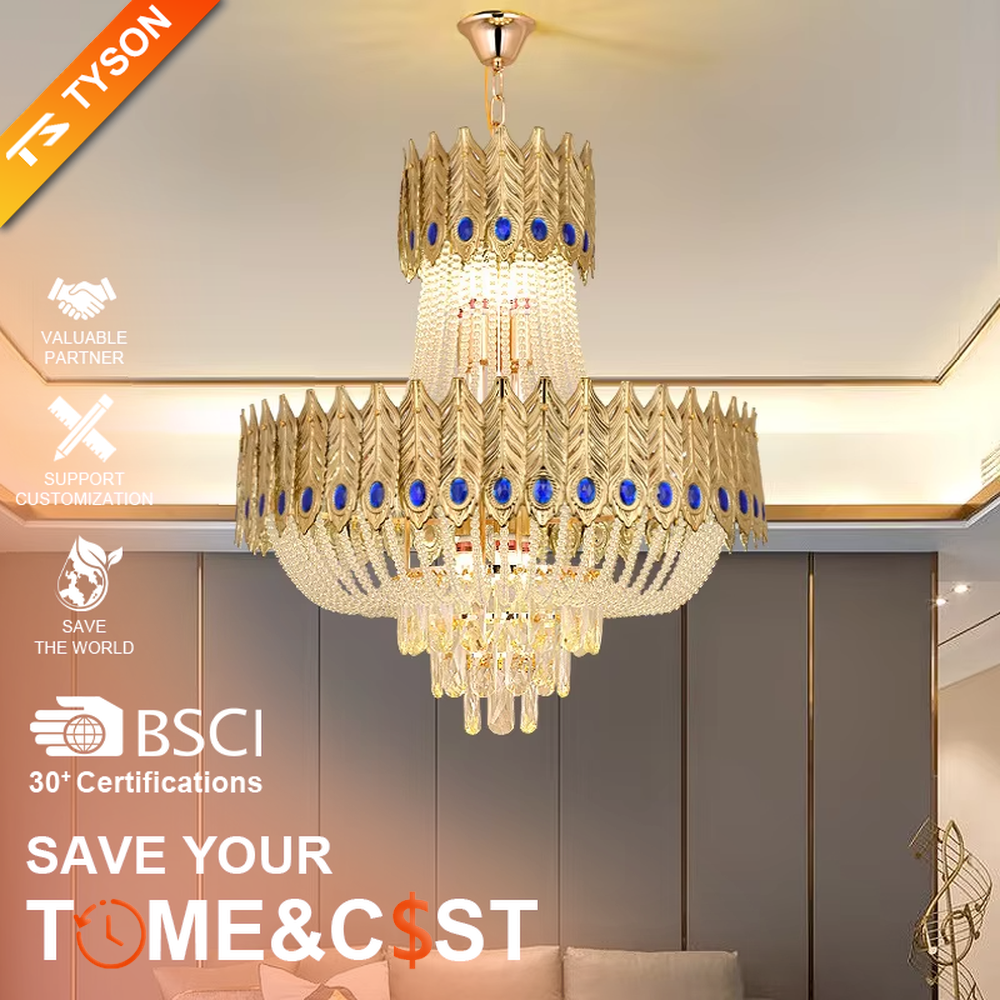 This is a luxurious palace-style double-layer feather gem crystal chandelier, with a golden feather-shaped frame inlaid with blue gem decorations, paired with transparent crystal pendants. The double-layer design is magnificent and grand, with brilliant and elegant lighting, creating a noble and luxurious atmosphere.
