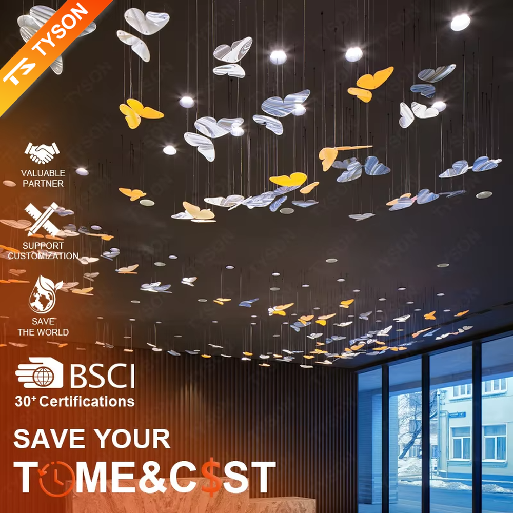 This is an artistic and childlike colorful butterfly-shaped chandelier, with butterfly leaves in various colors (orange, white, blue-gray, etc.) hanging in a scattered manner, featuring strong artistic sense and childlike charm, like a group of butterflies dancing under the light. It is used for space lighting and artistic decoration, creating a lively and artistic atmosphere. Suitable for children's parks, theme restaurants, art exhibition halls and other places.