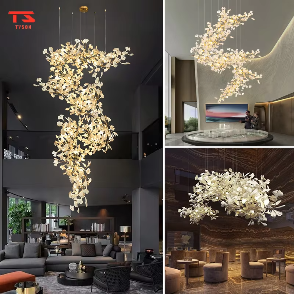 This is an artistic natural-style spiral ginkgo leaf decorative chandelier, with a golden spiral frame paired with white and golden ginkgo leaf-shaped decorations. The design combines artistic sense and natural charm, being luxurious and exquisite, with soft and elegant lighting. It is used for space lighting and artistic decoration, creating an artistic and natural luxurious atmosphere. Suitable for high-ceiling stairwells of high-end hotels, luxury villa living rooms, art exhibition halls and other places.