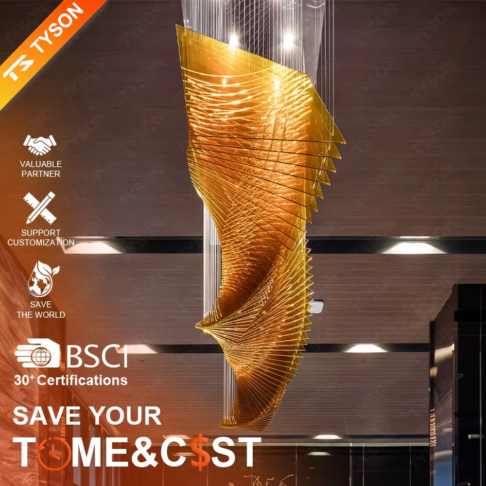 This is a modern artistic large wave-shaped metal art chandelier, with golden metal strips forming a three-dimensional wave shape, suspended by multiple thin wires. It features strong artistic tension and spatial decorativeness, with brilliant and grand lighting. It is used for space lighting and artistic installation decoration, creating a high-end artistic and luxurious atmosphere. Suitable for high-end hotel lobbies, luxury commercial clubs, art exhibition halls and other places.