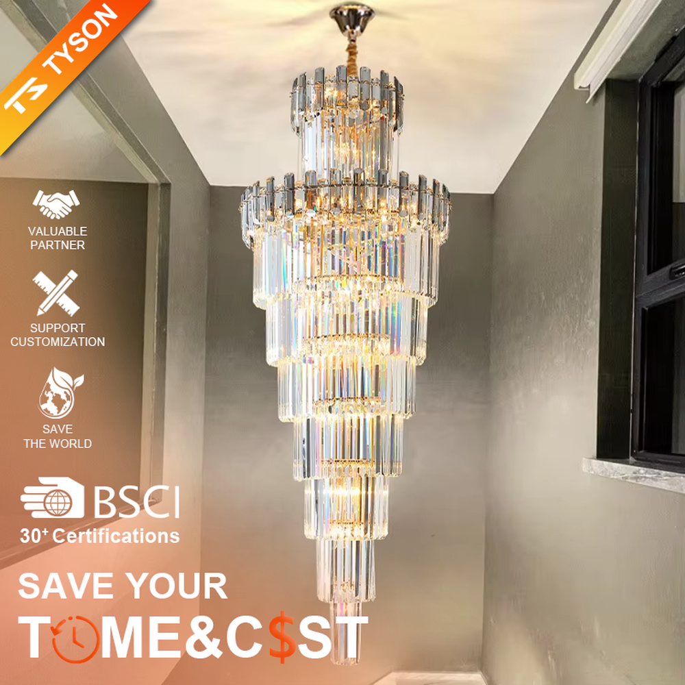 Luxurious multi-layer column crystal tower chandelier, golden frame paired with transparent long crystals, layered decreasing shape, brilliant and gorgeous lighting, creating a high-end luxurious atmosphere.