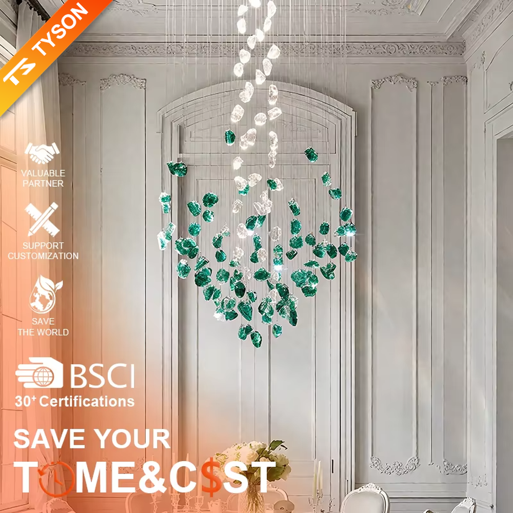This is an artistic glass stone chandelier, with blue-green and transparent glass stones distributed irregularly in a hanging structure, featuring a modern artistic design with strong luxury artistic sense. It is used for space lighting and decoration, creating an artistic luxury atmosphere. It is suitable for modern luxury home living rooms, art exhibition halls, high-end restaurants and other places.