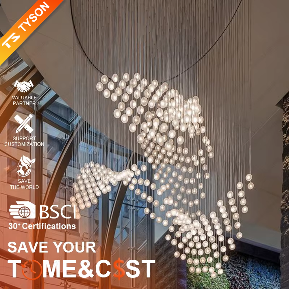 This is a modern artistic spherical light cluster chandelier with numerous white spherical lights arranged in a creative cluster via hanging wires. It features a highly immersive and artistic design with a futuristic ambiance. It is used for space lighting and decoration, creating a stunning visual focus and immersive light-shadow atmosphere. It is suitable for atriums of large commercial complexes, lobbies of high-end hotels, art galleries and exhibition halls and other places.