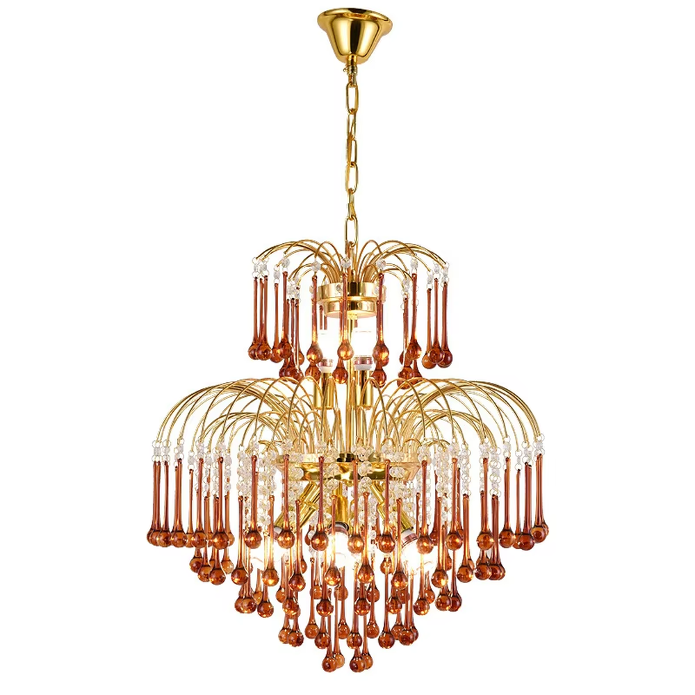 This is a luxurious classical golden multi-layer crystal chandelier, with a golden metal frame paired with numerous transparent crystal pendants. It features a magnificent and grand design, with brilliant lighting. It is used for space lighting and decoration, creating a luxurious and noble atmosphere. Suitable for luxury living rooms, high-end hotel lobbies, villa banquet halls and other places.