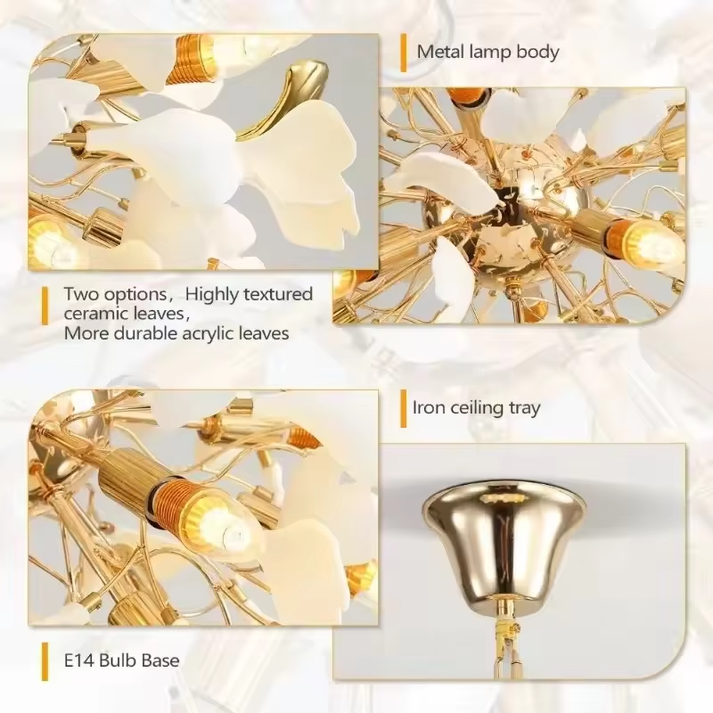 This is a light luxury elegant flower-shaped chandelier, with a golden metal frame paired with white petal lampshades, shaped like a blooming flower. The lighting is soft and warm, suitable for high-end bathroom spaces.
