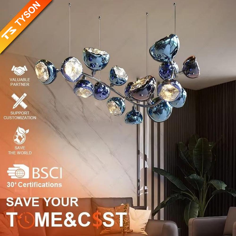 This is an artistic gem-shaped chandelier with blue-black metallic gem-like lampshades distributed in a branch-like structure, featuring a modern artistic design with strong luxury sense. It is used for space lighting and decoration, creating a modern artistic luxury atmosphere. It is suitable for modern luxury home living rooms, high-end commercial exhibition halls, art soft decoration spaces and other places.
