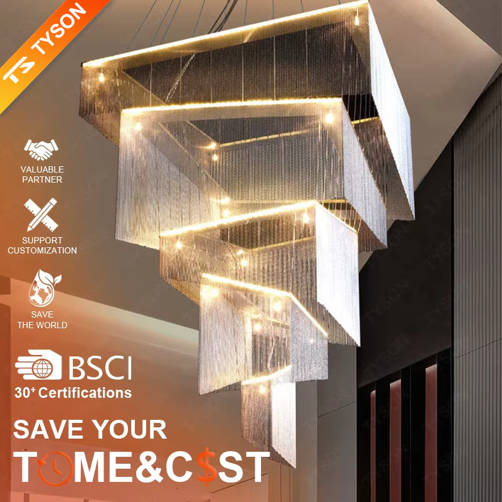 This is a modern artistic multi-layer square metal chain chandelier, composed of multi-layer square structures, paired with metal chains and LED light strips. It features soft and layered lighting, with a strong sense of modernity and spatial tension. It is used for space lighting and artistic decoration, creating a modern artistic and high-end atmosphere. Suitable for high-end hotel lobbies, art exhibition halls, high-ceiling spaces in luxury villas and other places.