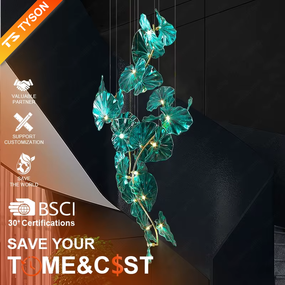 This is a natural artistic green glass leaf chandelier, with transparent green glass leaves and metal branches, featuring strong natural artistic sense, and the lights are like twinkling stars. It is used for space lighting and decoration, creating a natural and luxurious atmosphere. Suitable for high-end creative restaurants, art hotel lobbies, new Chinese-style living rooms and other places.