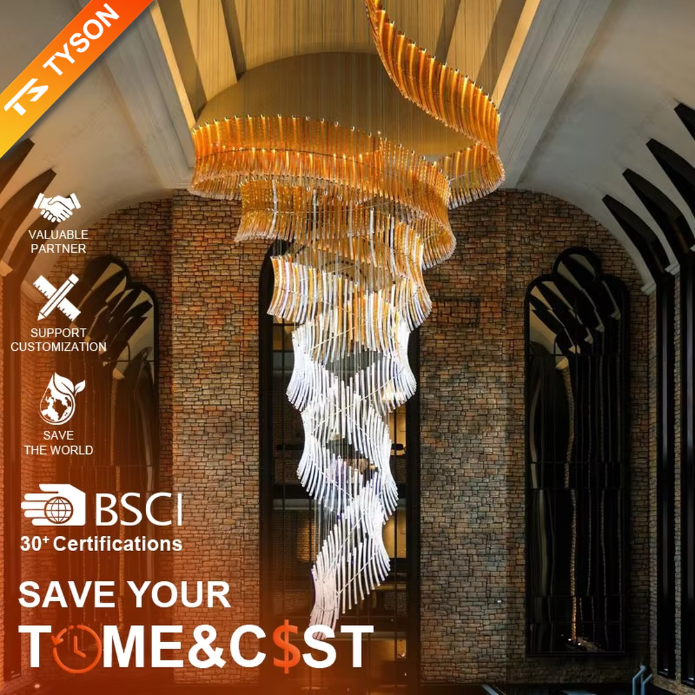 This is an artistic gradient spiral-shaped large chandelier, composed of strip elements gradient from gold to white in a spiral structure, featuring a strong artistic sense and visual impact. It is used for space lighting and artistic decoration, creating a luxurious artistic atmosphere. It is suitable for high-end hotel lobbies, art exhibition halls, double-height areas of luxury villas and other places.