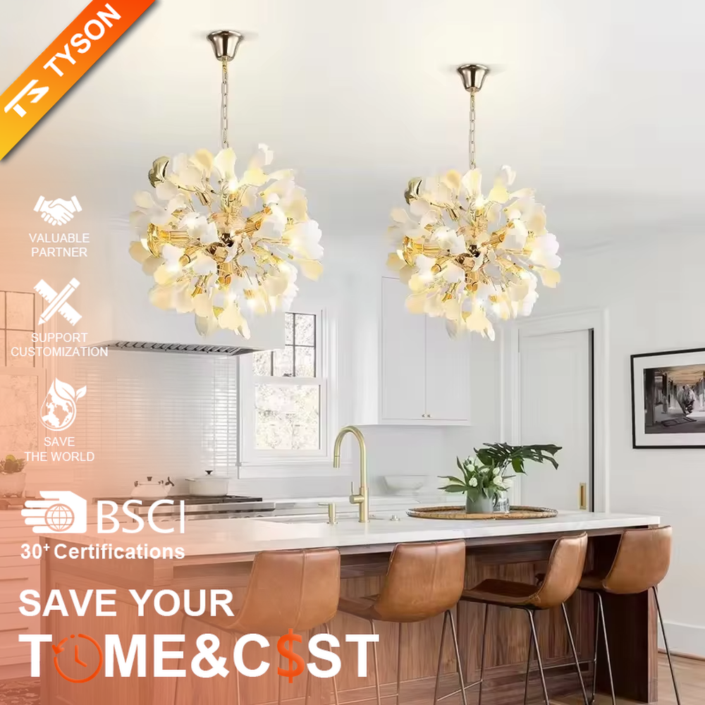 This is a light luxury elegant flower-shaped chandelier, with a golden metal frame paired with white petal lampshades, shaped like a blooming flower. The lighting is soft and warm, suitable for high-end bathroom spaces.