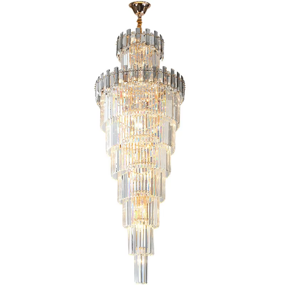 Luxurious multi-layer column crystal tower chandelier, golden frame paired with transparent long crystals, layered decreasing shape, brilliant and gorgeous lighting, creating a high-end luxurious atmosphere.