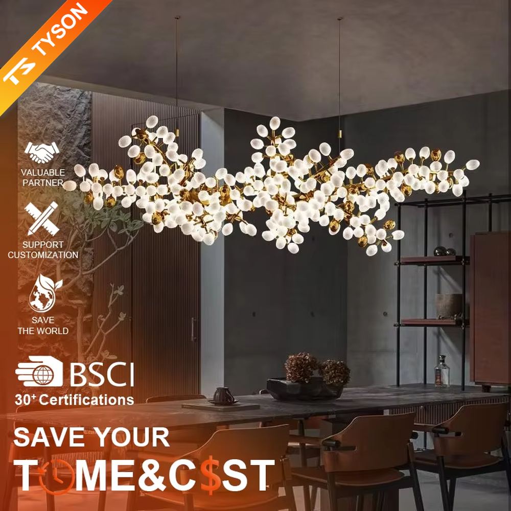 This is a light luxury artistic long strip flower branch-shaped chandelier, with golden metal branches paired with a large number of white spherical lampshades. The shape is like blooming flower branches, with soft and brilliant lighting, creating a light luxury artistic atmosphere.