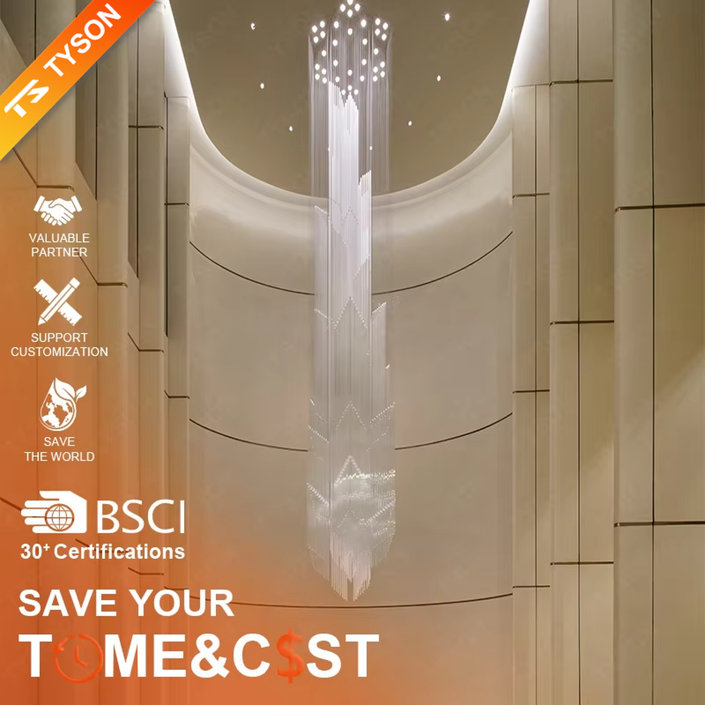 This is a modern artistic large pendant crystal chandelier, composed of numerous transparent crystal strips hanging in layers to form a three-dimensional conical shape. It features soft light refraction, with a strong sense of modern art and spatial depth. It is used for space lighting and artistic decoration, creating a modern artistic and high-end ethereal atmosphere. Suitable for high-ceiling lobbies of high-end hotels, high-ceiling spaces in luxury villas, art exhibition halls and other places.