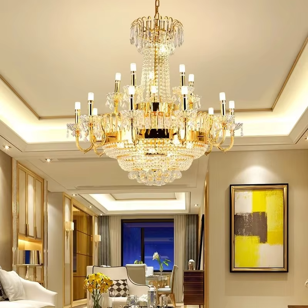 This is a European luxury golden crystal chandelier, with a golden metal frame, multi-layer transparent crystal pendants, and multi-arm design, featuring brilliant lighting, strong luxury sense and visual impact. It is used for space lighting and decoration, creating a high-end luxury atmosphere. It is suitable for luxury villa living rooms, high-end hotel lobbies, banquet halls and other places.