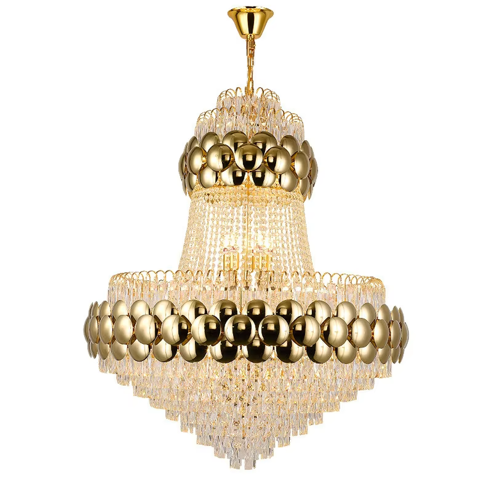 This is a luxurious multi-layer golden ball crystal chandelier, featuring a multi-layer structure combining golden metal balls and crystals. When lit, the light is brilliant and gorgeous, creating a high-end luxurious space atmosphere.