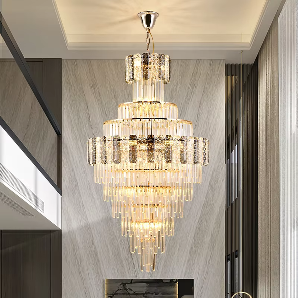 Luxurious multi-layer crystal tower chandelier, golden frame paired with transparent crystals and textured decorative blocks, brilliant and gorgeous lighting, creating a high-end luxurious atmosphere.
