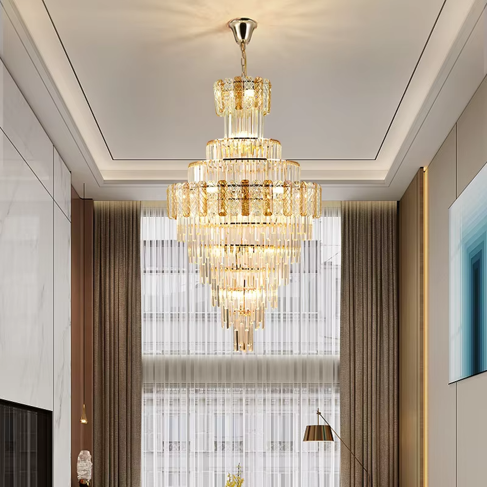 Luxurious multi-layer crystal tower chandelier, golden frame paired with transparent crystals and textured decorative blocks, brilliant and gorgeous lighting, creating a high-end luxurious atmosphere.