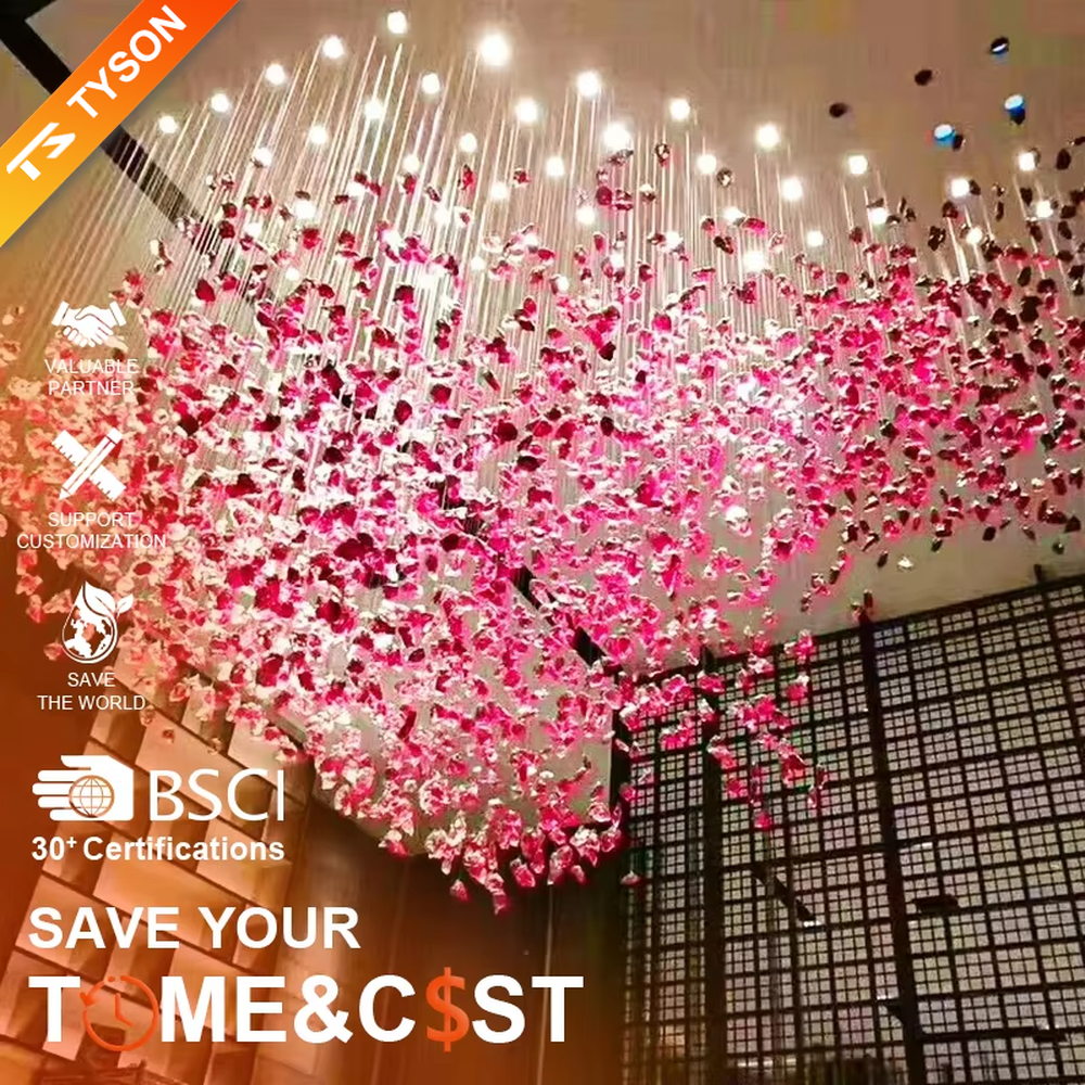 This large-scale art crystal chandelier features a dome pendant shape made of blue-white gradient crystal clusters, like blooming flower clusters or deep-sea ripples. It serves both lighting and artistic decorative purposes, ideal for high-ceiling commercial spaces such as hotel lobbies, sales offices, and high-end clubs.