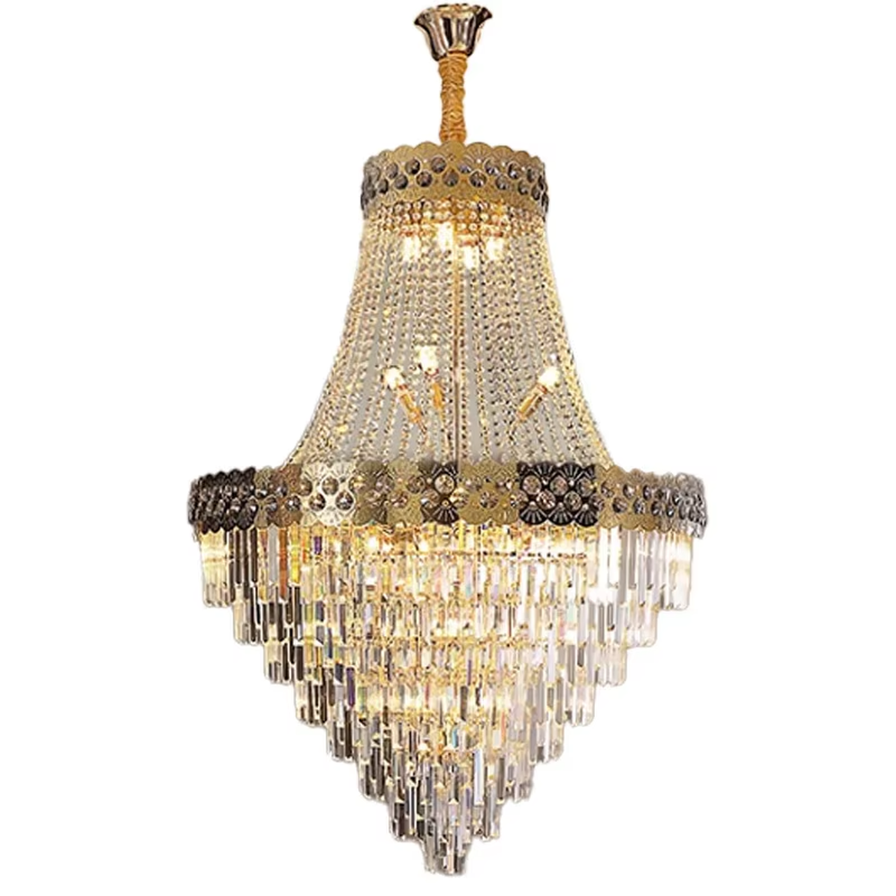 Luxurious black-gold decorative crystal chandelier, golden frame paired with transparent crystals and black-gold patterned decorative pieces, brilliant and gorgeous lighting, creating a high-end luxurious atmosphere.