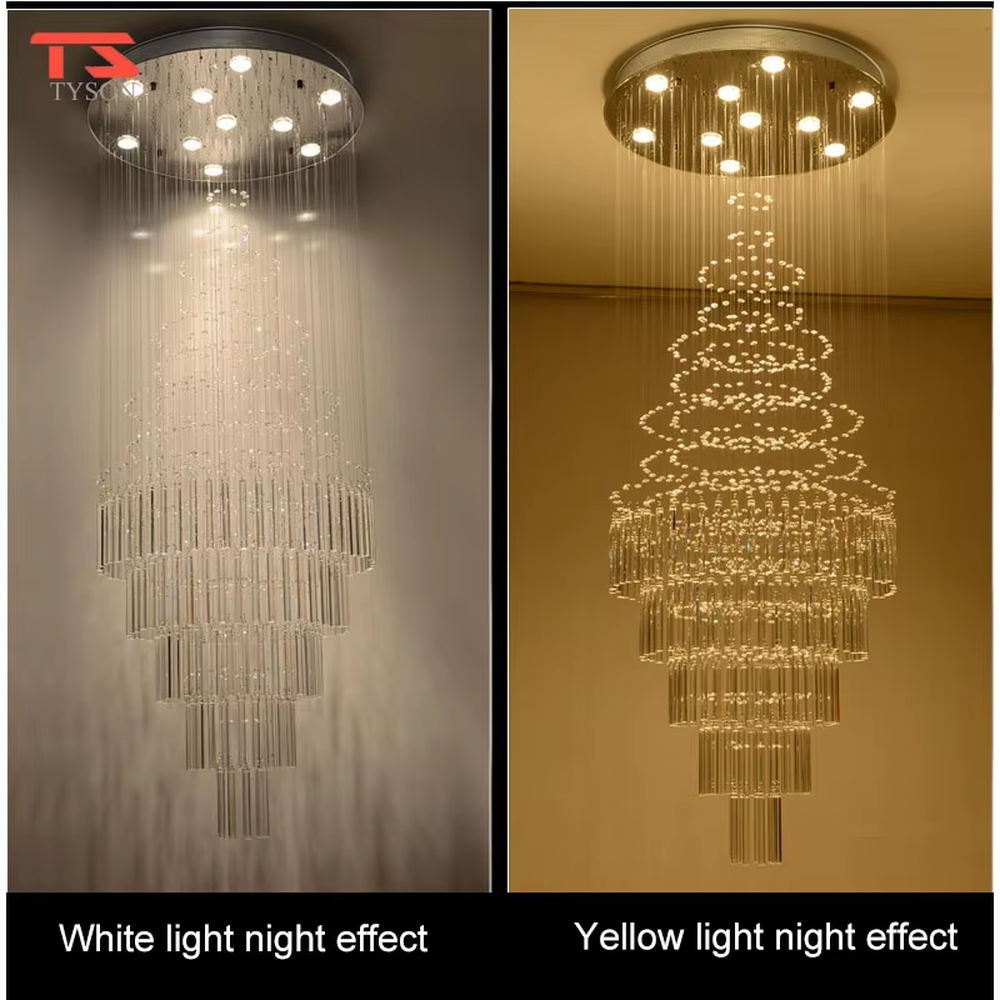 Luxurious retro circular ceiling-mounted golden crystal long string + particle decoration high-ceiling chandelier, warm light effect, creating a retro luxurious space atmosphere.