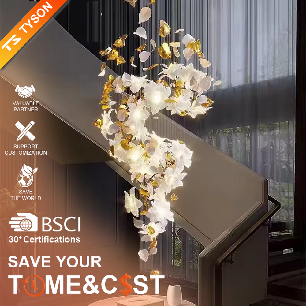 Art petal curve chandelier (white + gold gradient glass petals + metal hanging wires), warm light effect, creating a dreamy and luxurious high-ceiling space atmosphere.