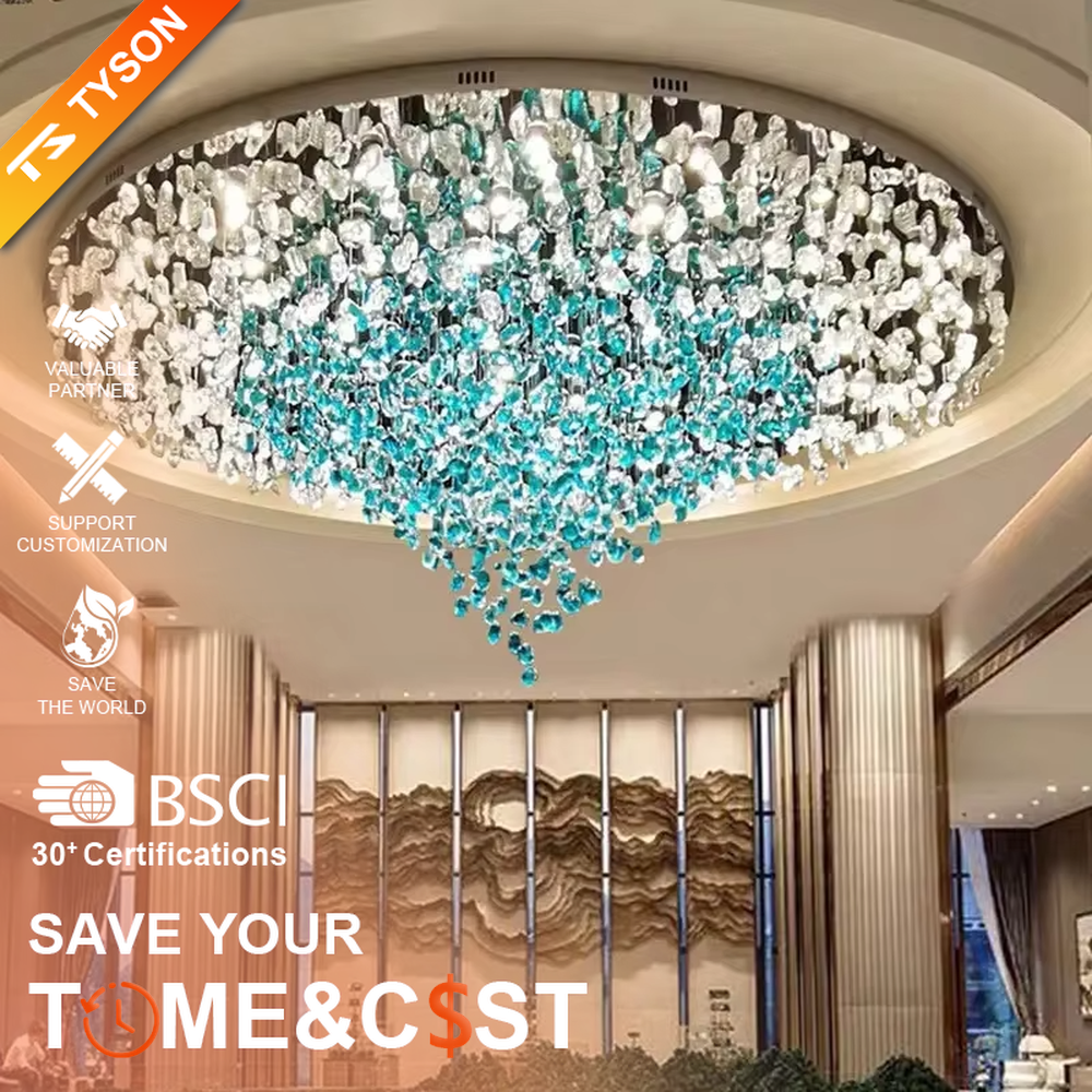 This large-scale art crystal chandelier features a long, flowing shape made of green-white gradient crystal pieces, like suspended green plants or ocean waves. It serves both lighting and artistic decorative purposes, ideal for high-ceiling commercial spaces such as hotel lobbies, sales offices, and high-end clubs.