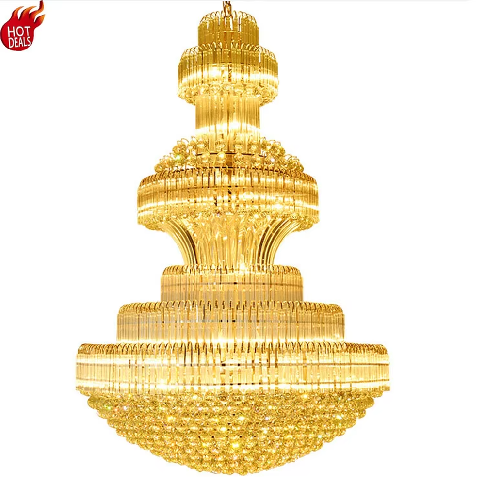 Top-luxury golden multi-layer crystal tower-shaped chandelier, warm light effect, creating a magnificent and luxurious royal-level space atmosphere.