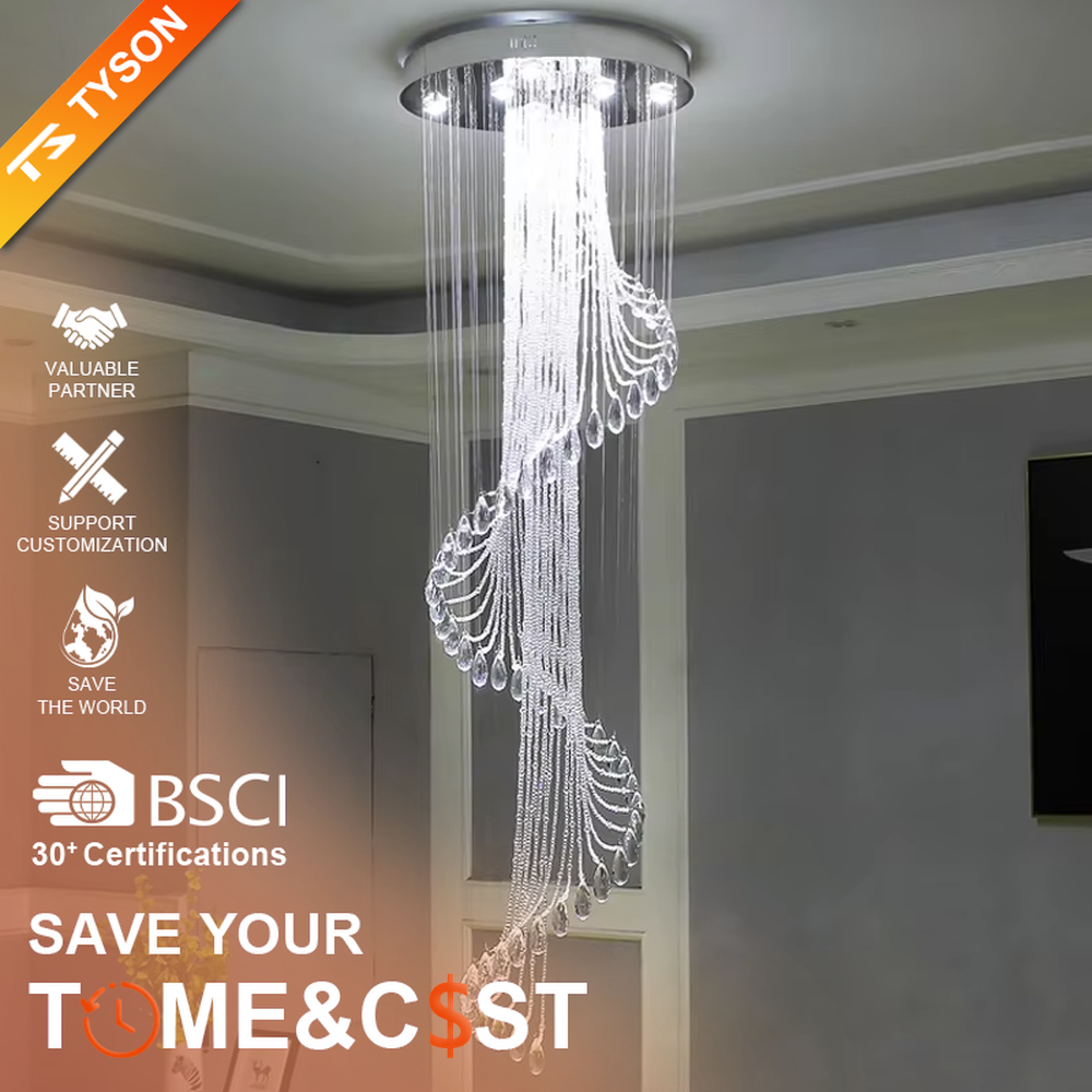 Modern art spiral transparent waterdrop crystal ceiling chandelier, silver-toned ceiling plate, warm light effect, creating a flowing artistic light luxury atmosphere.