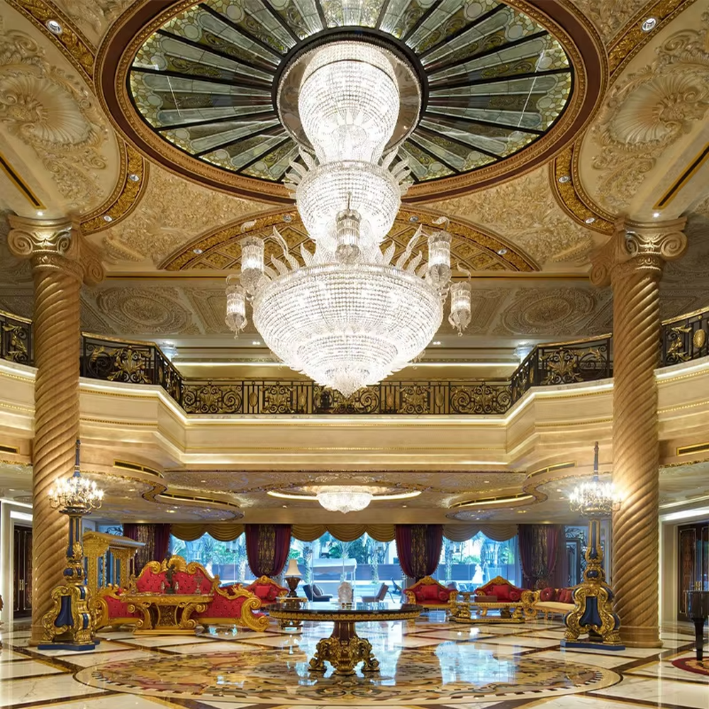 Palace-level multi-layer crystal chandelier (full-cut crystals + tiered shape), warm light effect, creating an extremely luxurious high-end space atmosphere.