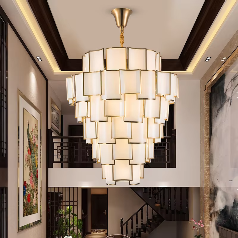 This new Chinese style light luxury large chandelier features a gold metal frame, paired with multi-layer off-white fabric lampshades, in a stacked cone shape. It serves both lighting and decorative purposes, ideal for high-end high-ceiling spaces such as villa high-ceiling living rooms, hotel lobbies, and sales offices.