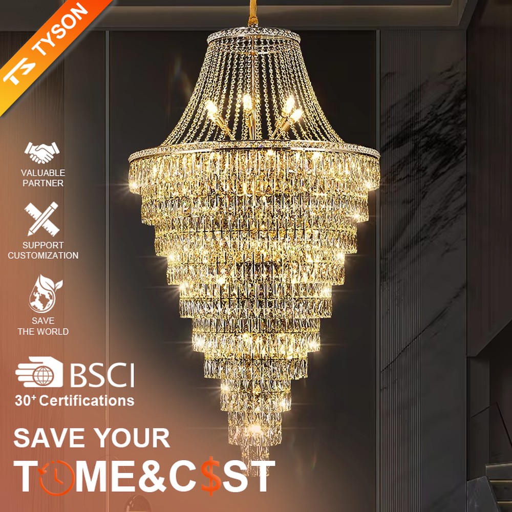 Luxurious multi-layer tower-shaped crystal chandelier, golden frame paired with dense crystal pendant decorations, brilliant and gorgeous lighting, creating a high-end luxurious atmosphere.